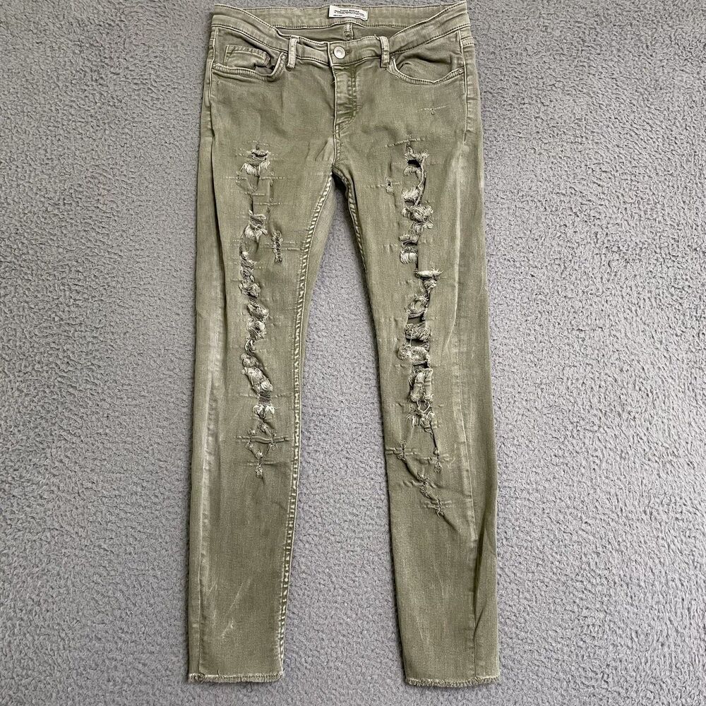 Zara Jeans Women’s Size 6 Premium Denim Collection Distressed Rip Olive Skinny